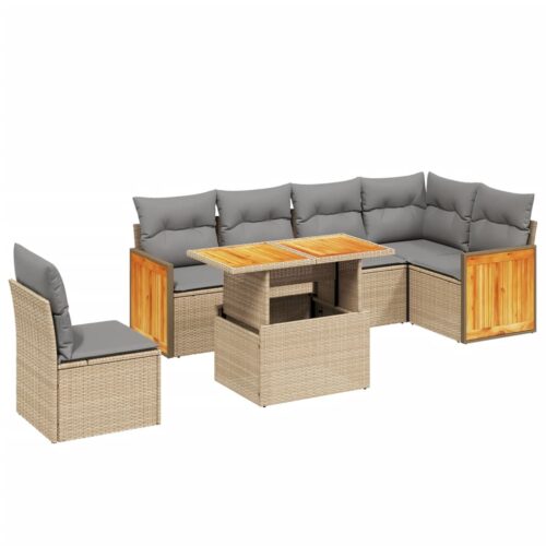 7-Piece Garden Sofa Set with Cushions Beige Poly Rattan Wicker Outdoor Patio Furniture - Image 5