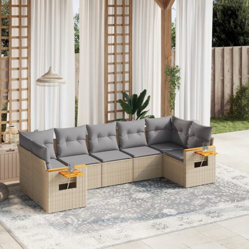 7-Piece Garden Sofa Set with Cushions Beige Poly Rattan Wicker Outdoor Patio Furniture - Image 2