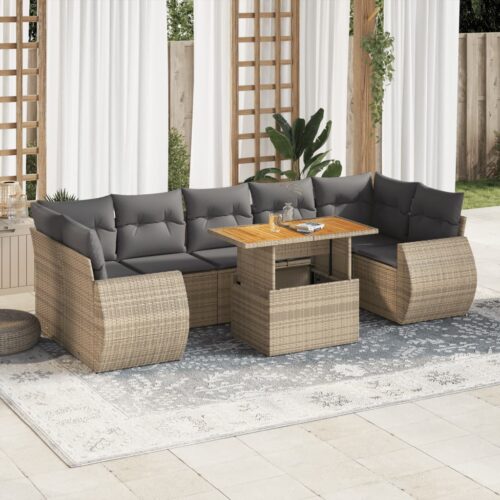 8-Piece Garden Sofa Set with Cushions Beige Poly Rattan Wicker Outdoor Patio Furniture - Image 2