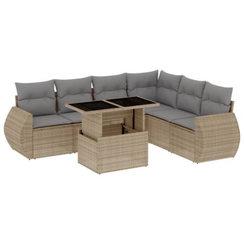 7-Piece Garden Sofa Set with Cushions Beige Poly Rattan Wicker Outdoor Patio Furniture - Image 13