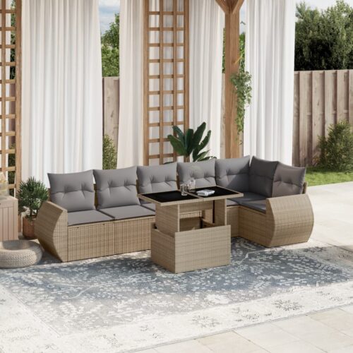 7-Piece Garden Sofa Set with Cushions Beige Poly Rattan Wicker Outdoor Patio Furniture - Image 2