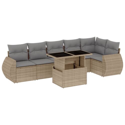 7-Piece Garden Sofa Set with Cushions Beige Poly Rattan Wicker Outdoor Patio Furniture - Image 13