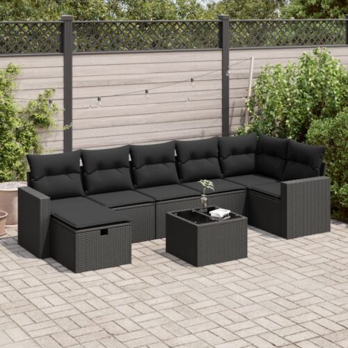 8-Piece Garden Sofa Set with Cushions Black Poly Rattan Wicker Outdoor Patio Furniture - Image 2