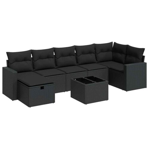 8-Piece Garden Sofa Set with Cushions Black Poly Rattan Wicker Outdoor Patio Furniture - Image 13
