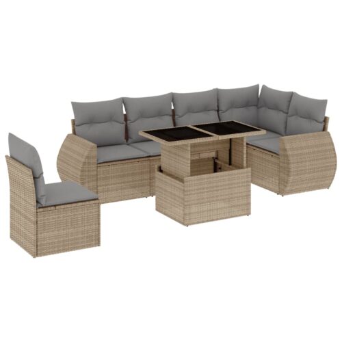 7-Piece Garden Sofa Set with Cushions Beige Poly Rattan Wicker Outdoor Patio Furniture - Image 13