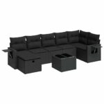 8-Piece Garden Sofa Set with Cushions Black Poly Rattan Wicker Outdoor Patio Furniture