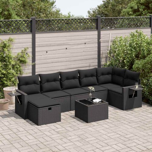 8-Piece Garden Sofa Set with Cushions Black Poly Rattan Wicker Outdoor Patio Furniture - Image 2
