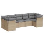 7-Piece Garden Sofa Set with Cushions Beige Poly Rattan Wicker Outdoor Patio Furniture