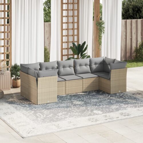 7-Piece Garden Sofa Set with Cushions Beige Poly Rattan Wicker Outdoor Patio Furniture - Image 2