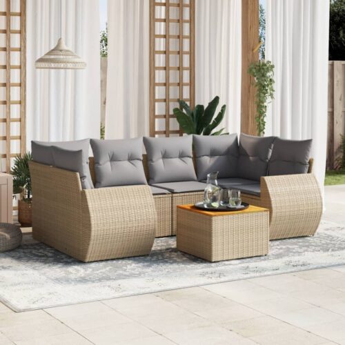 7-Piece Garden Sofa Set with Cushions Beige Poly Rattan Wicker Outdoor Patio Furniture - Image 2