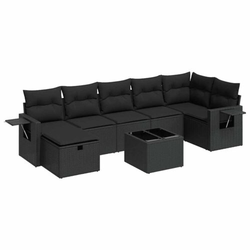 8-Piece Garden Sofa Set with Cushions Black Poly Rattan Wicker Outdoor Patio Furniture - Image 13