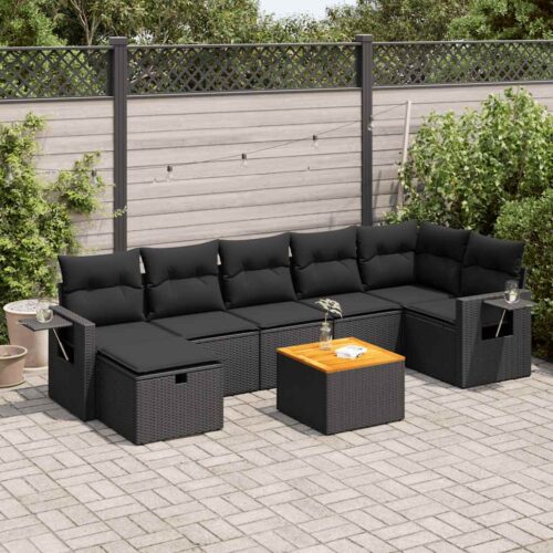 8-Piece Garden Sofa Set with Cushions Black Poly Rattan Wicker Outdoor Patio Furniture - Image 2