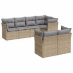 7-Piece Garden Sofa Set with Cushions Beige Poly Rattan Wicker Outdoor Patio Furniture