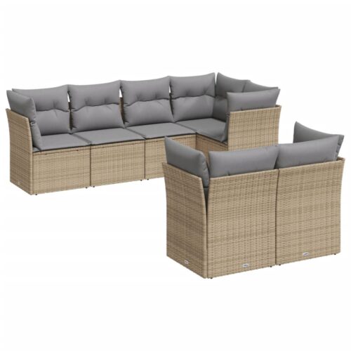 7-Piece Garden Sofa Set with Cushions Beige Poly Rattan Wicker Outdoor Patio Furniture