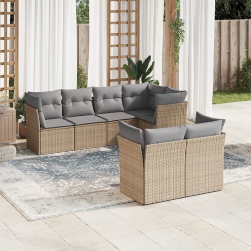 7-Piece Garden Sofa Set with Cushions Beige Poly Rattan Wicker Outdoor Patio Furniture - Image 2