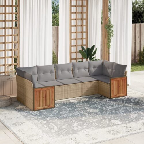 7-Piece Garden Sofa Set with Cushions Beige Poly Rattan Wicker Outdoor Patio Furniture - Image 2