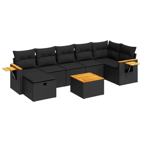 8-Piece Garden Sofa Set with Cushions Black Poly Rattan Wicker Outdoor Patio Furniture