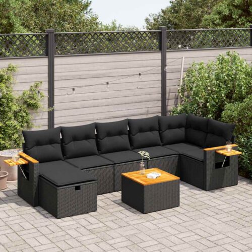 8-Piece Garden Sofa Set with Cushions Black Poly Rattan Wicker Outdoor Patio Furniture - Image 2