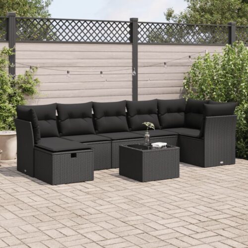 8-Piece Garden Sofa Set with Cushions Black Poly Rattan Wicker Outdoor Patio Furniture - Image 2
