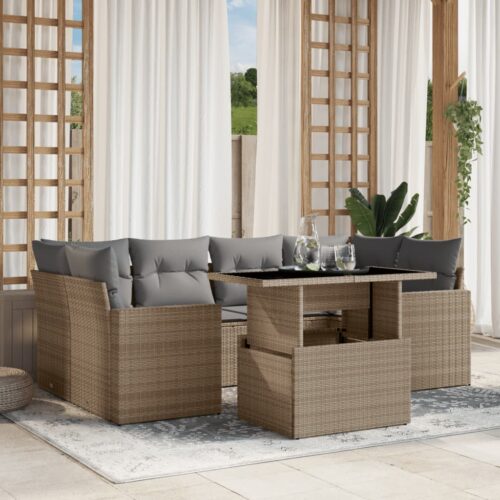 7-Piece Garden Sofa Set with Cushions Beige Poly Rattan Wicker Outdoor Patio Furniture - Image 2
