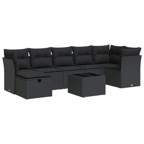 8-Piece Garden Sofa Set with Cushions Black Poly Rattan Wicker Outdoor Patio Furniture - Image 13