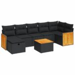 8-Piece Garden Sofa Set with Cushions Black Poly Rattan Wicker Outdoor Patio Furniture