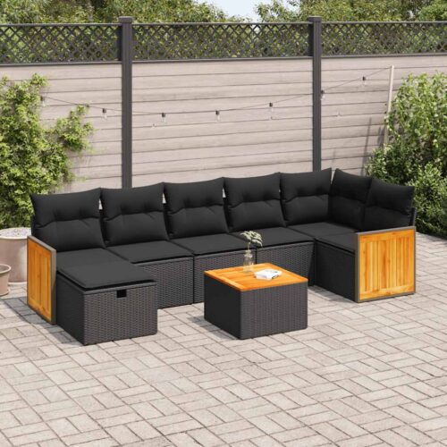 8-Piece Garden Sofa Set with Cushions Black Poly Rattan Wicker Outdoor Patio Furniture - Image 2