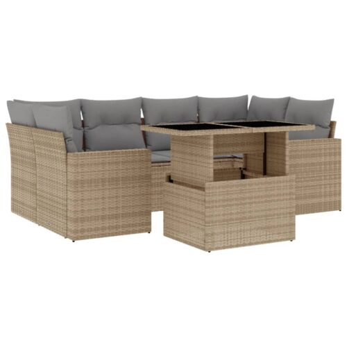 7-Piece Garden Sofa Set with Cushions Beige Poly Rattan Wicker Outdoor Patio Furniture - Image 13