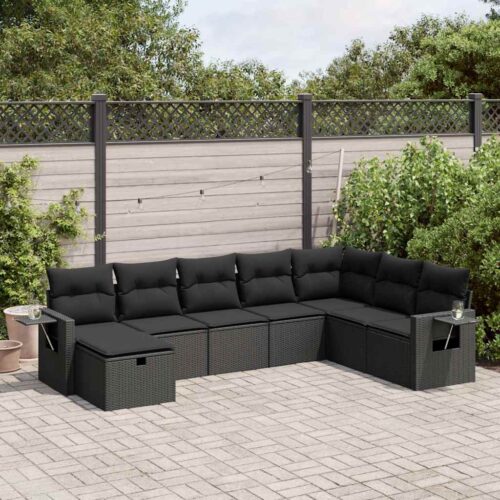 8-Piece Garden Sofa Set with Cushions Black Poly Rattan Wicker Outdoor Patio Furniture - Image 2