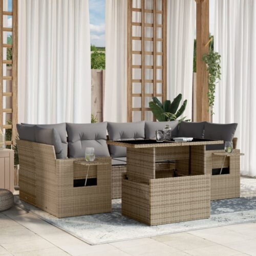 7-Piece Garden Sofa Set with Cushions Beige Poly Rattan Wicker Outdoor Patio Furniture - Image 2
