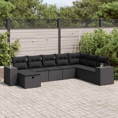 8-Piece Garden Sofa Set with Cushions Black Poly Rattan Wicker Outdoor Patio Furniture - Image 2