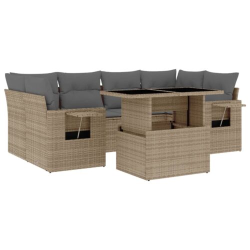 7-Piece Garden Sofa Set with Cushions Beige Poly Rattan Wicker Outdoor Patio Furniture - Image 13