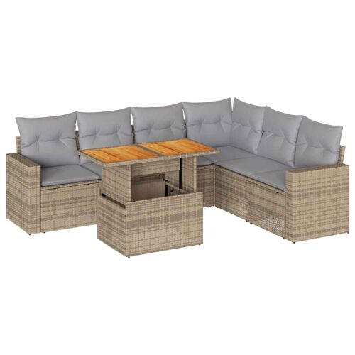 7-Piece Garden Sofa Set with Cushions Beige Poly Rattan Wicker Outdoor Patio Furniture