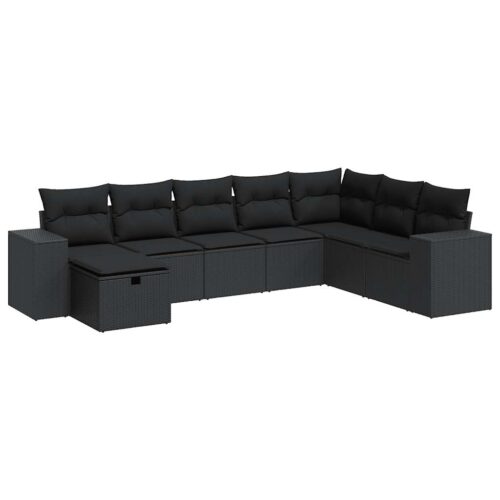 8-Piece Garden Sofa Set with Cushions Black Poly Rattan Wicker Outdoor Patio Furniture - Image 13