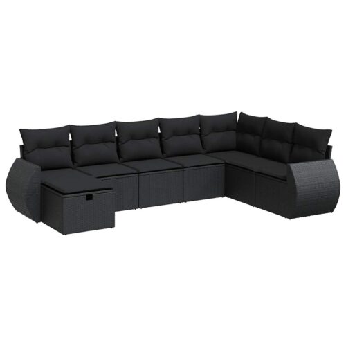 8-Piece Garden Sofa Set with Cushions Black Poly Rattan Wicker Outdoor Patio Furniture