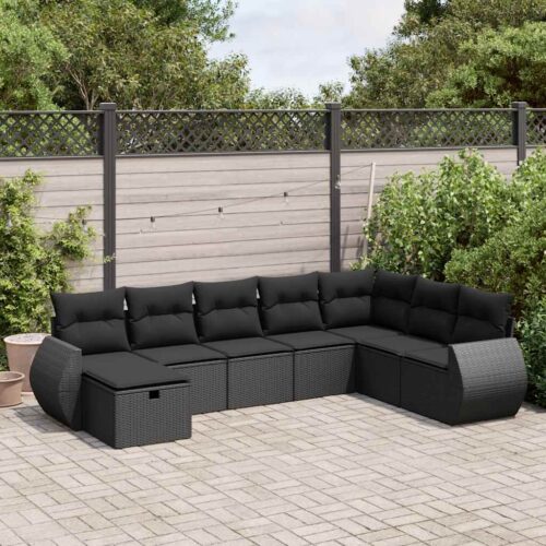 8-Piece Garden Sofa Set with Cushions Black Poly Rattan Wicker Outdoor Patio Furniture - Image 2