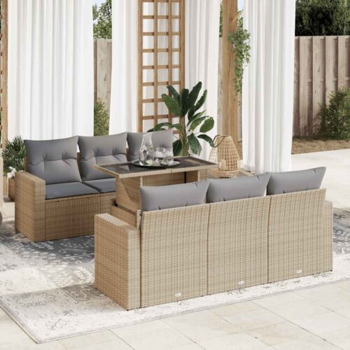 7-Piece Garden Sofa Set with Cushions Beige Poly Rattan Wicker Outdoor Patio Furniture - Image 2