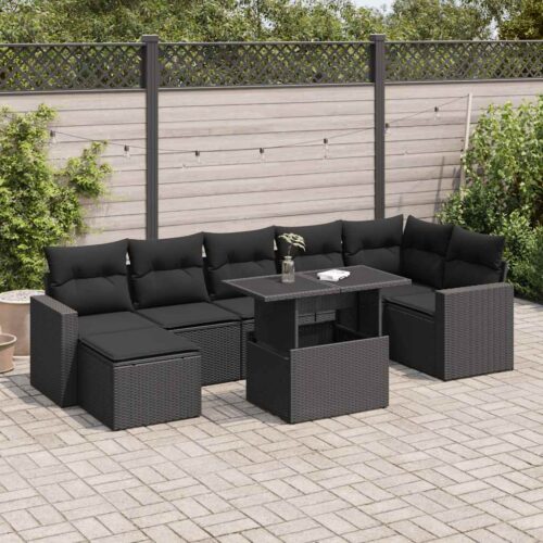 8-Piece Garden Sofa Set with Cushions Black Poly Rattan Wicker Outdoor Patio Furniture - Image 2
