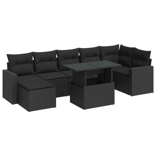 8-Piece Garden Sofa Set with Cushions Black Poly Rattan Wicker Outdoor Patio Furniture - Image 13