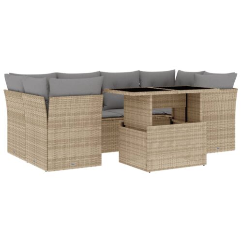 7-Piece Garden Sofa Set with Cushions Beige Poly Rattan Wicker Outdoor Patio Furniture