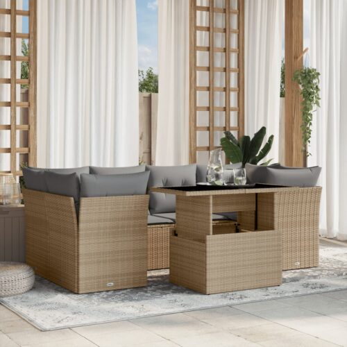 7-Piece Garden Sofa Set with Cushions Beige Poly Rattan Wicker Outdoor Patio Furniture - Image 2
