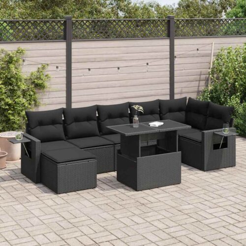8-Piece Garden Sofa Set with Cushions Black Poly Rattan Wicker Outdoor Patio Furniture - Image 2