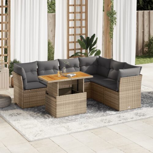 7-Piece Garden Sofa Set with Cushions Beige Poly Rattan Wicker Outdoor Patio Furniture - Image 2