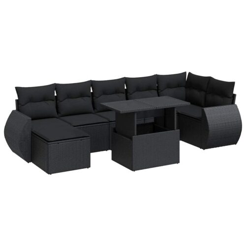 8-Piece Garden Sofa Set with Cushions Black Poly Rattan Wicker Outdoor Patio Furniture - Image 13