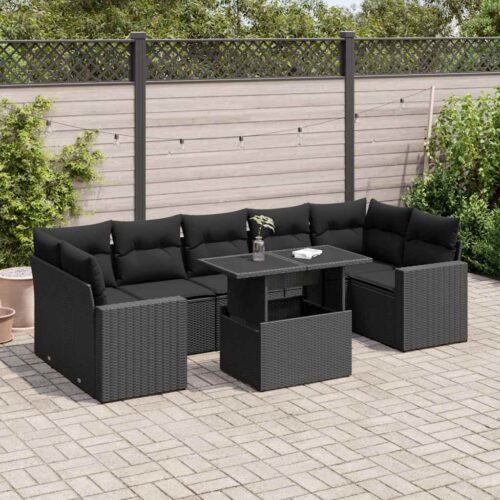 8-Piece Garden Sofa Set with Cushions Black Poly Rattan Wicker Outdoor Patio Furniture - Image 2