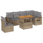 7-Piece Garden Sofa Set with Cushions Beige Poly Rattan Wicker Outdoor Patio Furniture