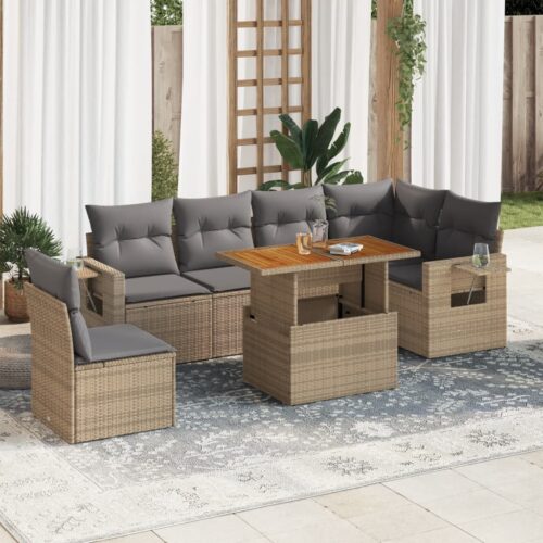 7-Piece Garden Sofa Set with Cushions Beige Poly Rattan Wicker Outdoor Patio Furniture - Image 2