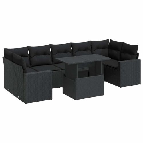 8-Piece Garden Sofa Set with Cushions Black Poly Rattan Wicker Outdoor Patio Furniture - Image 13