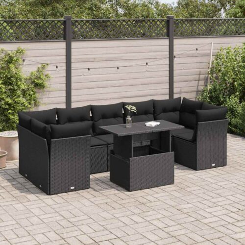 8-Piece Garden Sofa Set with Cushions Black Poly Rattan Wicker Outdoor Patio Furniture - Image 2
