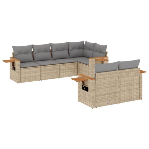 7-Piece Garden Sofa Set with Cushions Beige Poly Rattan Wicker Outdoor Patio Furniture